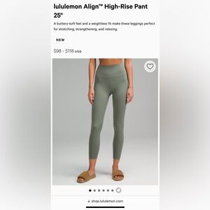 Lululemon align leggings 25” olive green. size 2